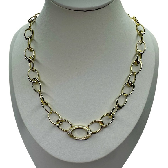 18K YG Open Link Necklace w/Pave Crystals GORGEOUS - Picture 1 of 6